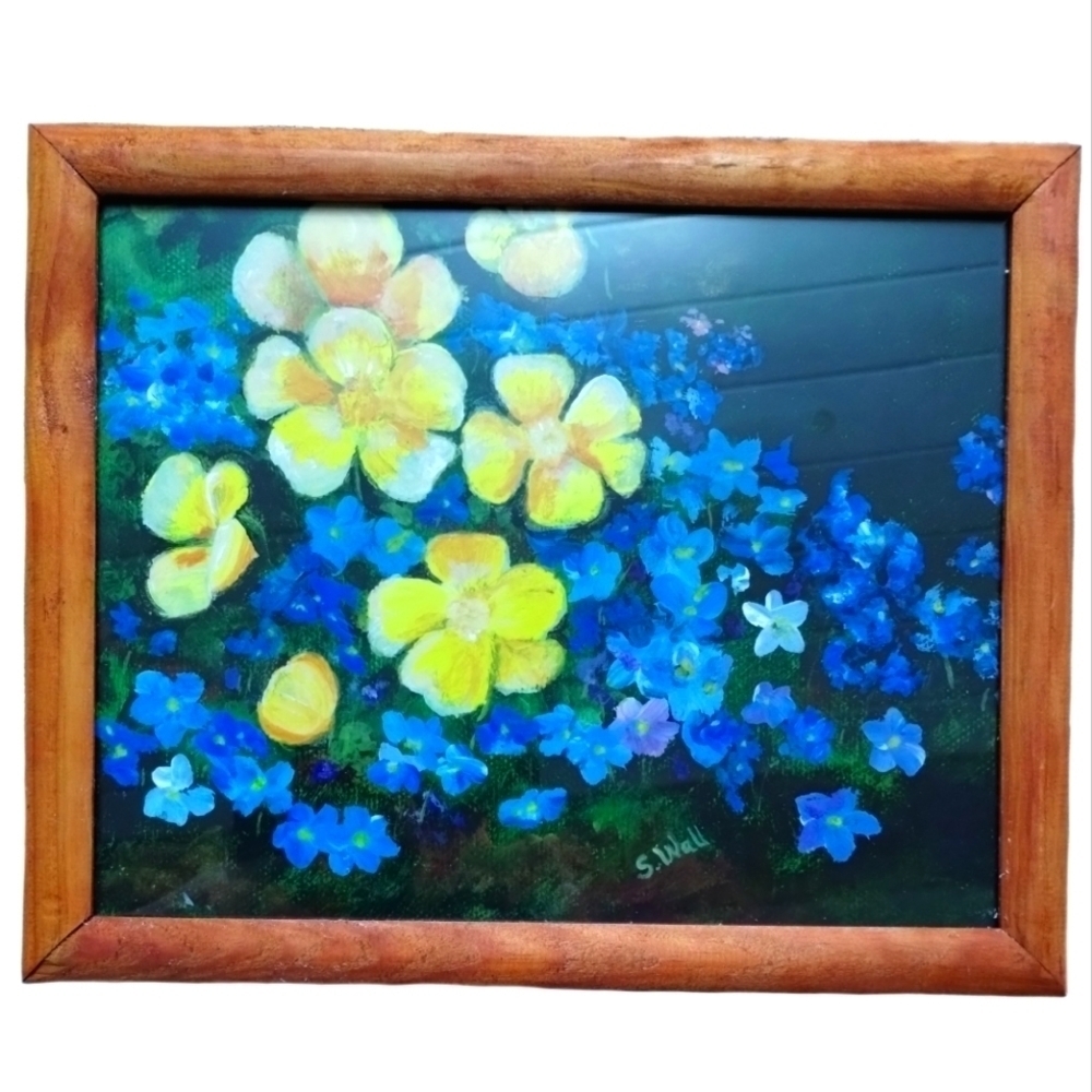 Vintage Framed Springtime Buttercups and Violets Wildflowers Print